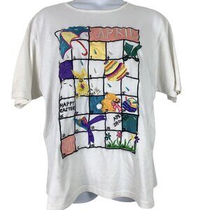 Vintage T Shirt Embroidered April Showers Easter Bunny Calendar Size 14/16 FLAW